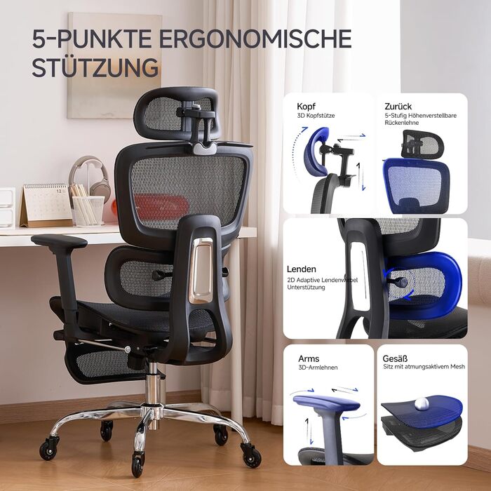 Ергономічне офісне крісло з підставкою для ніг та подушкою для шиї, 5-позиційне регулювання висоти спинки, 2D-підтримка попереку, 3D-підлокітники/підголівник, функція нахилу 145, сітчасте сидіння, гумові колеса, чорний колір.
