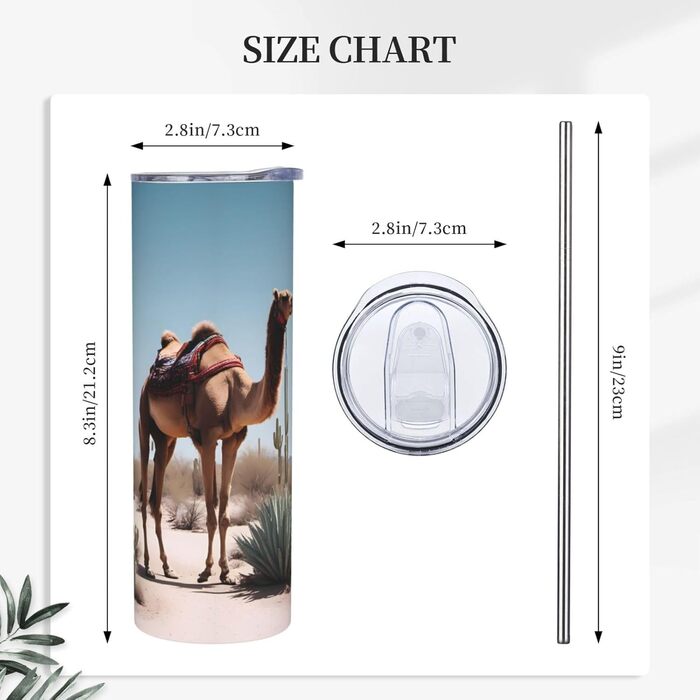 Кухоль з прямою трубочкою, 590 мл, пустельний мотив, милий верблюд, принт, дорожній кухоль, підходить для кемпінгу, офісу та дому