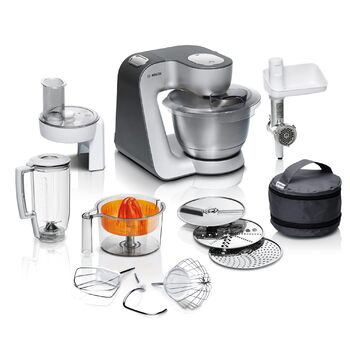 Кухонна машина Bosch Serie 4 MUM56340 чаша 3,9 л, блендер 1,25 л, м'ясорубка, соковижималка, міксер, тістоміс, шинкарка з 3 дисками, 900 Вт, антрацит/срібло
