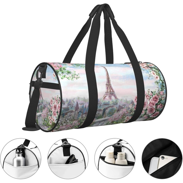 Спортивна сумка, дорожня сумка, стильний принт Ейфелевої вежі, Париж, сумка для подорожей на вихідні, чорна, універсальний розмір