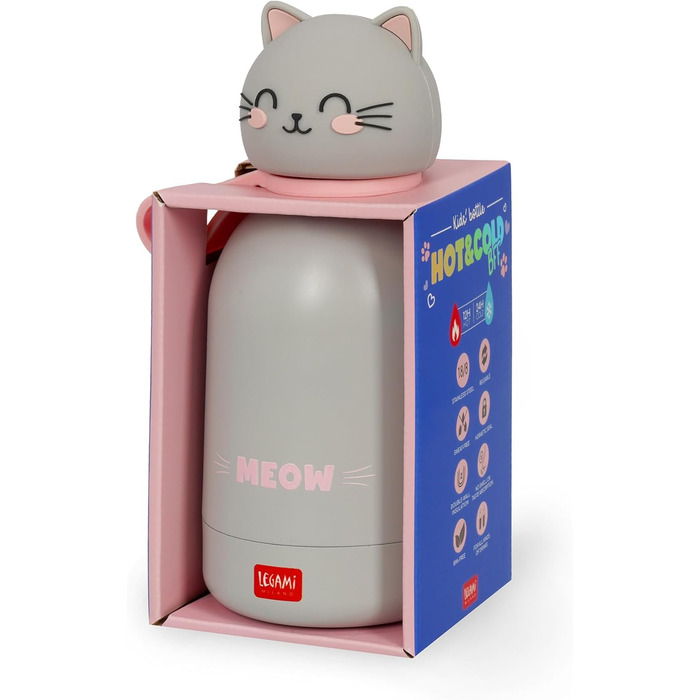Дитяча пляшка для води Legami Hot&Cold BFF, дизайн Kitty, двошарова нержавіюча сталь 18/8 з герметичним ущільненням, зберігає напої гарячими протягом 12 годин і холодними протягом 24 годин, об&39єм 310 мл