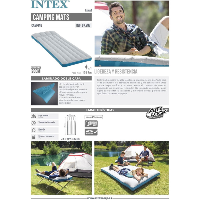 Надувний матрац Intex Camping 72x189x15 см (упаковка з 2 шт.) одномісний