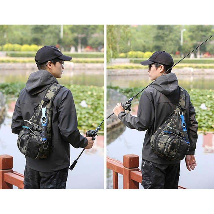 Рибальська сумка Alwida, рибальський рюкзак Водонепроникна сумка для зберігання через плече, тримач для снастей, регульований рюкзак для риболовлі на ремні з тримачем для вудки для камуфляжу для подорожей і походів
