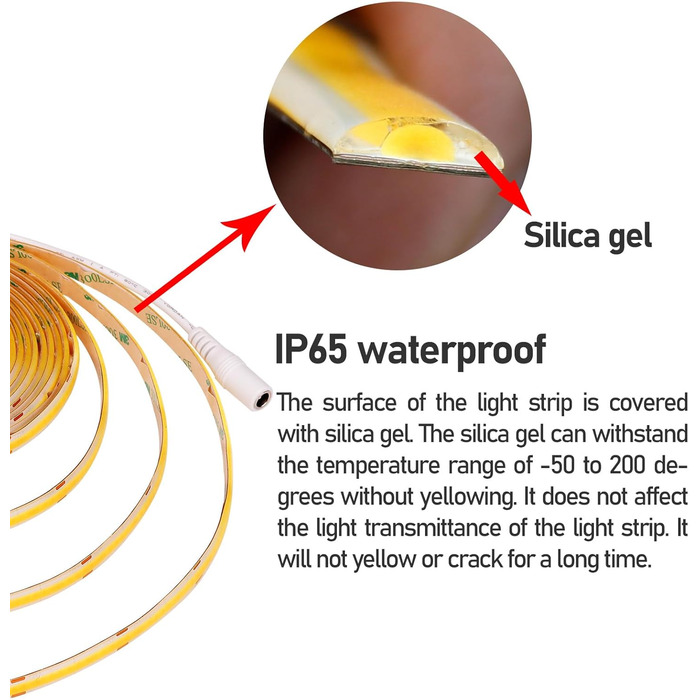 Світлодіодна стрічка GOMING 12 В COB тепла біла 3000K IP65 водонепроникна 5 м тепла біла світлодіодна стрічка 11 Вт / м 312 світлодіодів / м Самоклеюча світлодіодна стрічка CRI 93 Світлодіодна стрічка високої яскравості для внутрішнього та зовнішнього озд
