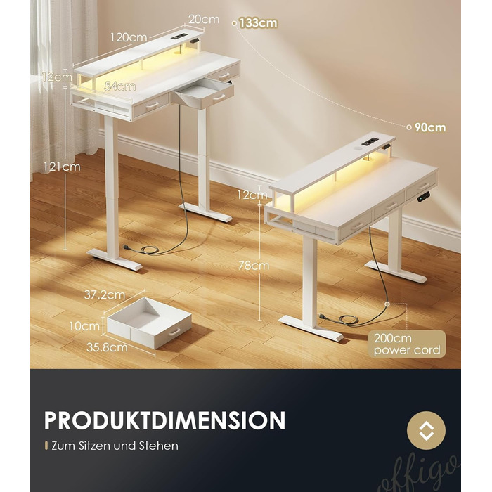 Електричний письмовий стіл OffiGo з шухлядами, стіл з регульованою висотою 120 см та підставкою для монітора, стіл для роботи стоячи з розетками та світловою стрічкою, офісний стіл з регульованою висотою, білий 120 x 54 см