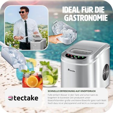 Машина для виробництва кубиків льоду tectake, 12-15 кг за 24 години, льодогенератор, 9 кубиків льоду за 5-13 хвилин, льодогенератор з резервуаром для води на 2,4 літра, льодогенератор, включаючи совок для льоду та відро для льоду, 2 розміри кубиків - сріб