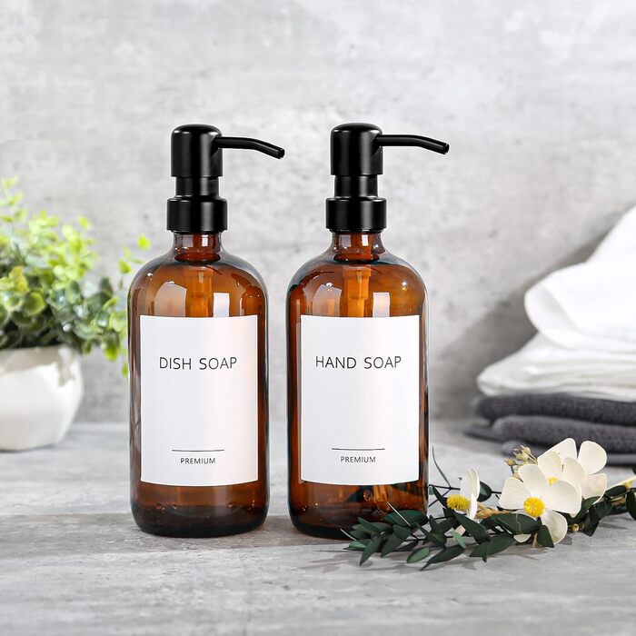 Дозатор для мила скляний, дозатор для мила 500 мл коричневого кольору з насосом з нержавіючої сталі, набір твердих дозаторів для м