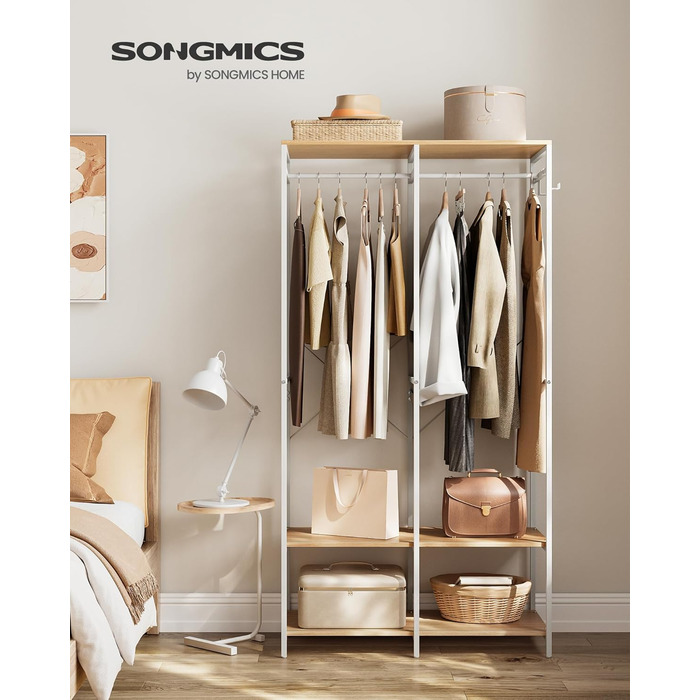 Відкрита шафа, вішалка для одягу, вішалка для пальто, шафа з рейкою для одягу, полиці, знімні гачки, 40 x 94,5 x 180 см, натуральний бежевий RGR004W67 Натуральний бежевий 40 x 94,5 x 180 см