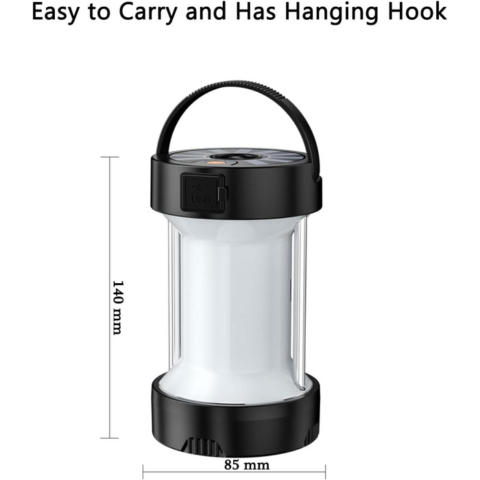 Світлодіодний ліхтар для кемпінгу, сонячний ліхтар для кемпінгу на відкритому повітрі, робочий ліхтар, що перезаряджається з USB, водонепроникне зовнішнє освітлення, портативний ліхтар, лампа для намету, аварійне освітлення, сонячні ліхтарі (чорний)