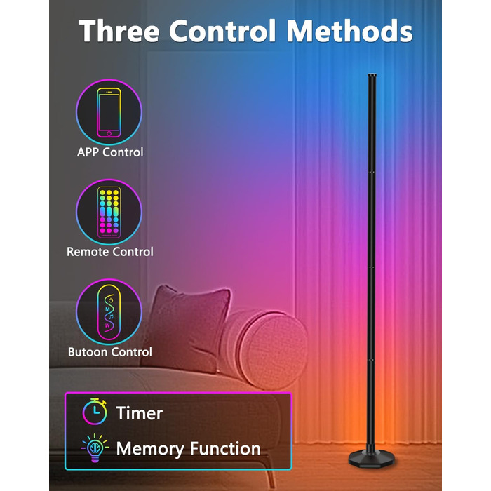Світлодіодний торшер Bowfar для вітальні, торшер RGBIC 165 см з регулюванням яскравості 3000K-6500K Світлодіодний кутовий світильник з дистанційним керуванням і APP, 16 мільйонів кольорів, музичні режими, 300 сюжетних режимів, торшер для спальні, ігровий 