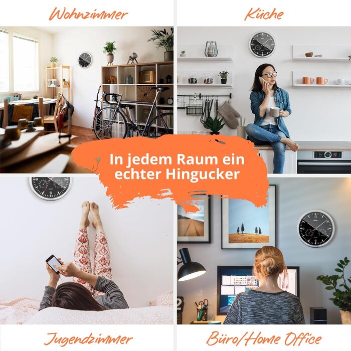 Кварцовий настінний годинник Mebus з термометром і гігрометром / срібна рамка / чорний циферблат / діаметр 25 см / круглий / модел