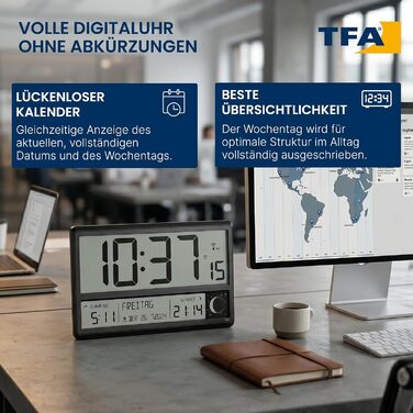 Цифровий радіокерований настінний годинник TFA Dostmann Digitale XL (60.4524.01) з часом сходу та заходу сонця, будильником, великими цифрами, фазами місяця, безшумний, чорний