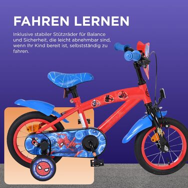 Дитячий велосипед Volare 12, 14, 16 для дівчаток та хлопчиків 36 років Офіційно ліцензований з дизайном персонажа З додатковими колесами, ножним та ручним гальмами, регульоване сидіння та легка збірка Spider-Man 12