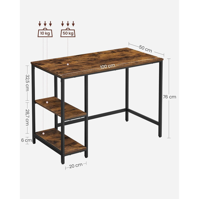 Стіл VASAGLE, комп&39ютерний стіл, офісний стіл, 100 x 50 x 76 см, сучасний стиль, для кабінету, спальні, вітальні, вінтажний коричнево-чорний LWD046B01 100 x 50 см вінтажний коричневий чорний