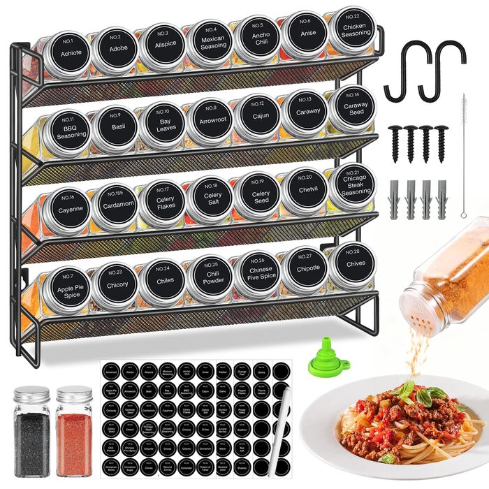 Рівнева підставка для спецій, настінна та настінна, 28 порожніх органайзерів для спецій зі стійкою та 432 етикетками для спецій, підставка для спецій, не потребує свердління для кухні, шафи, комори, 4-