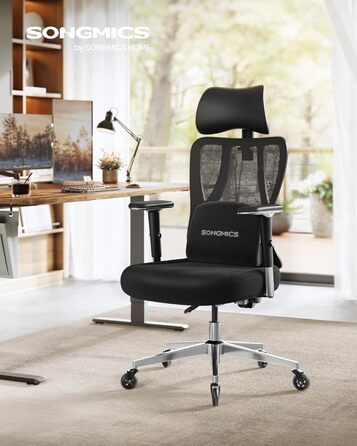 Ергономічне офісне крісло SONGMICS, стілець для столу, ігрове крісло, регульована поперекова опора, підголівник, підлокітники, підходить для різних розмірів тіла, вантажопідйомність до 150 кг, чорний колір OBN067BH01