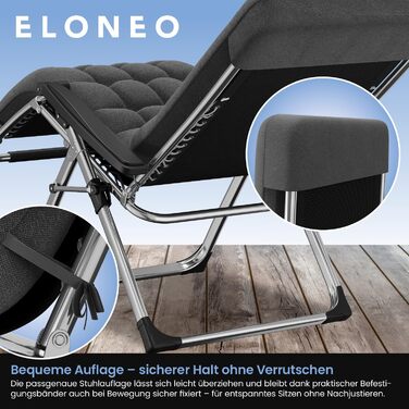 Складаний шезлонг ELONEO з преміальною подушкою, всепогодний шезлонг з вантажопідйомністю 200 кг, надзвичайно широкий садовий стілець, садовий шезлонг з регульованою спинкою, подушкою для шиї та тримачем для напоїв, антрацит