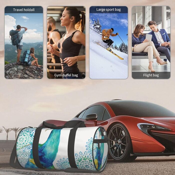 Спортивна сумка для подорожей, стильний принт з павичами та квітами, сумка на нічліг, чорний колір, універсальний розмір