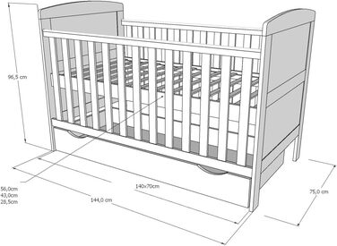 Дитяче ліжко/ліжечко Kids Collective 70x140 см з матрацом та шухлядою, трансформоване ліжечко, регульована висота Біле дитяче ліжко, зроблено в Європі, 70x140 см Від народження до 6 років, 70 x 140 см з шухлядою матрац, біле