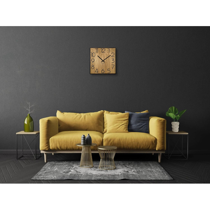 Квадратний настінний годинник FLEXISTYLE з дерева (дуб), 40x40 см, безшумний механізм, колір чорний дуб