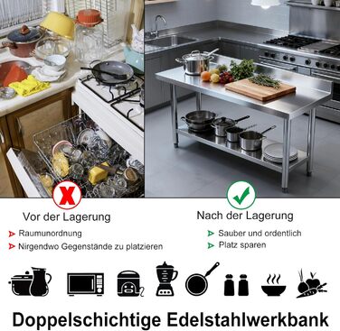 Робочий стіл з нержавіючої сталі UISEBRT з підніжкою, Кухонний стіл з нержавіючої сталі з регульованими ніжками, Кухонний стіл/розбірний стіл з дуже великою нижньою полицею, 150 x 50 x 85 см, з підніжкою