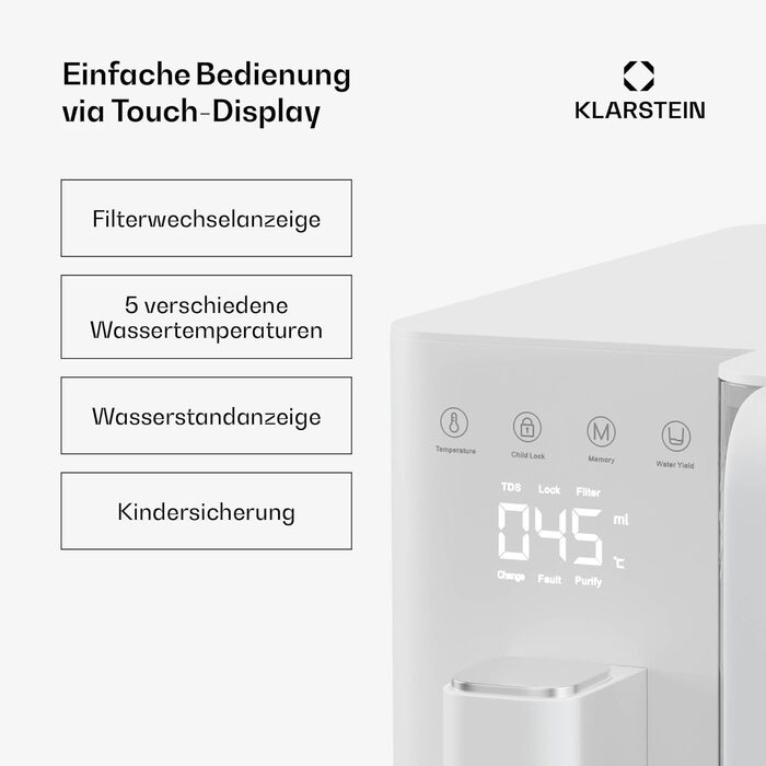 Система зворотного осмосу Klarstein VitalPour - 5-ступінчастий фільтр для осмосу, гаряча вода за 3 секунди, бак 5 л і глечик 1,5 л, 5 рівнів температури, сенсорний дисплей, блокування від дітей, легке встановлення