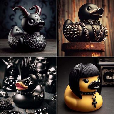 Статуя качки Duckieville Качки Сатани Gothic Punk Ducks Скульптура смоляної чорної рокерської качки Колекційна статуя смоляної качки Готична статуя качки Подарунок для любителів готики, 5 шт.