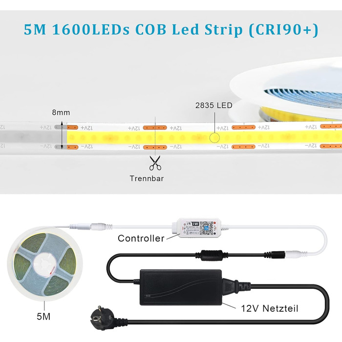 Світлодіодна стрічка COB натуральна біла 4000K, світлодіодна стрічка WIFI 12V COB 5 м світлодіодна стрічка з можливістю затемнення, 320 світлодіодів/м, керована APP, гнучка світлодіодна стрічка високої яскравості COB Світлодіодна стрічка COB для прикраси 