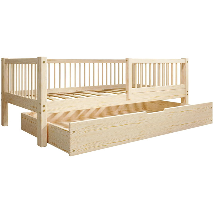 Дитяче ліжко 80x160 з шухлядою - Нефарбоване дерев&39яне ліжко - Односпальне ліжко для дітей з рейковою основою та знімними захисними поручнями - Вантажопідйомність до 100 кг - виготовлено з сосни 1 класу 80x160 Нефарбована деревина