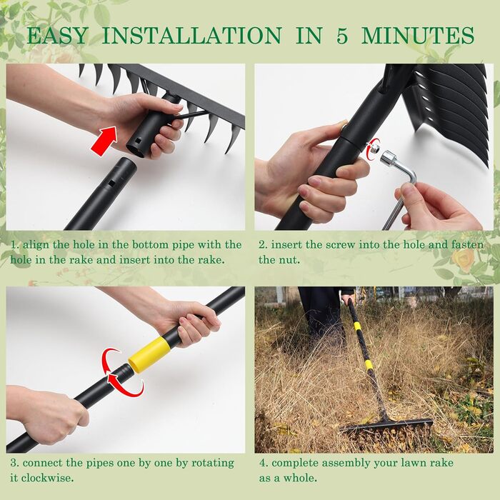 Міцний садовий грабель, 189 см, металевий грабель з 12 зубцями, вигнутий грабель з довгою ручкою для розпушування ґрунту, вирівнювання, догляду за газоном, сільського господарства, землі, чорний