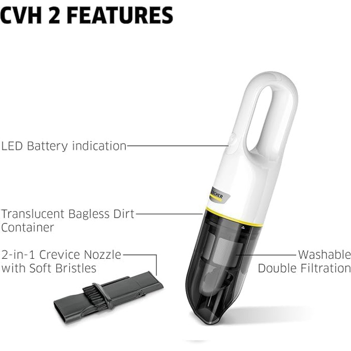 Акумуляторний ручний пилосос Krcher CVH 2, компактний і легкий пилосос для швидкого прибирання крихт, контейнер для пилу 0,15 л, в