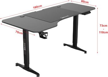 Письмовий стіл з регульованою висотою Oxnard 160 x 75 см, електричний стіл з функцією пам&39яті, робочий стіл до 80 кг, комп&39ютерний стіл з підставкою для чашок, гачок для навушників, алюмінієва рама, чорний колір