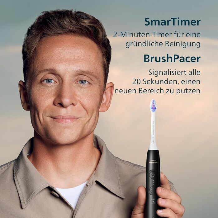 Електрична звукова зубна щітка з 2 режимами чищення та 3 рівнями інтенсивності, датчиком тиску, функцією EasyStart, SmartTimer, чорного кольору, модель HX7401/07 Нова технологія, 6100