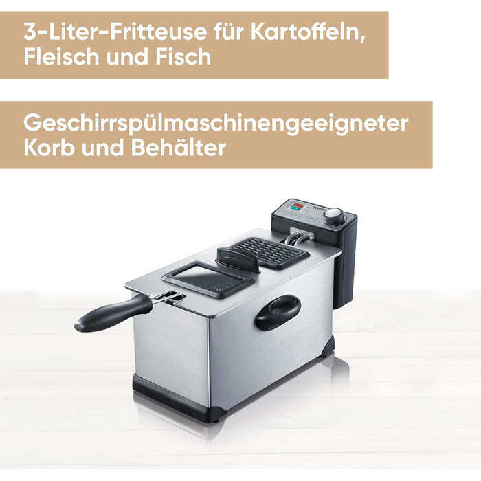 Фритюрниця SEVERIN, приблизно 400 г для смаження, знімний контейнер для жиру, пилозахисна кришка з оглядовим вікном, для приготування гарнірів і основних страв, 2000 Вт, 3 л, нержавіюча сталь/чорний, FR 2431