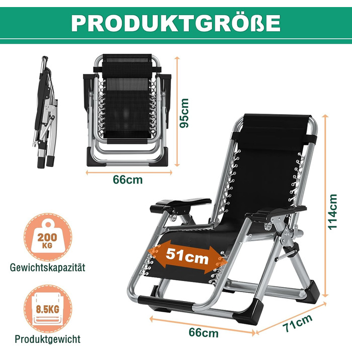 Складаний шезлонг з подушкою, вантажопідйомністю 200 кг, подвійне призначення, сидіння та лежання, регульований для вітальні, балкона, пляжу чи басейну (сірий)