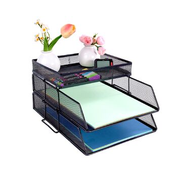 Рівневий сітчастий органайзер, штабелюваний настільний органайзер з верхнім тримачем для канцелярського приладдя, лотки для паперових документів та листів для офісу, школи та дому, чорний 2-рівневий, 2-