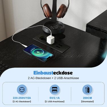 Кутовий ігровий стіл Devoko зі світлодіодним освітленням, місцем для зберігання та 3 шухлядами, 170x95x75 см, стіл з регульованою по висоті полицею, 2 розетками та 2 USB-портами, чорний