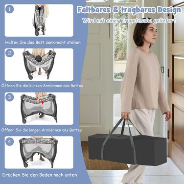 Дитяче ліжечко COSTWAY 4-в-1, портативне приліжкове ліжечко, дорожнє ліжечко зі складним матрацом, пеленальний столик, балдахін, ігрова арка та музичний мобіль, колиска з колесами, люлька для дитини до 36 місяців (сіра) темно-сіра