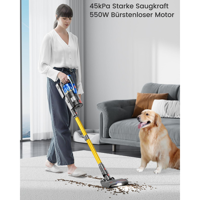 Акумуляторний пилосос Anyson, 45KPA/550 Вт, час роботи 60 хвилин, подвійна ручка, 1,5 л пилосос, OLED-дисплей для твердої підлоги/