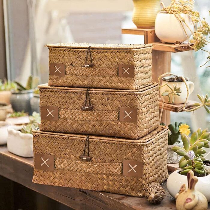 Кошик для зберігання з ротанга з кришкою, 3 шт. плетених кошиків з натуральної морської трави, багатофункціональна коробка для зберігання іграшок, косметики, туалетного паперу для ванної кімнати, велика - 3 шт. - кавового кольору