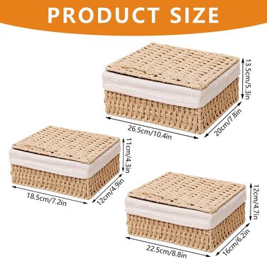 Набір кошиків із 3 предметів з кришками, плетені кошики для зберігання 3 розмірів, плетені кошики з паперової мотузки, підкладка для зберігання у ванних кімнатах, косметики, стільниць та шаф.