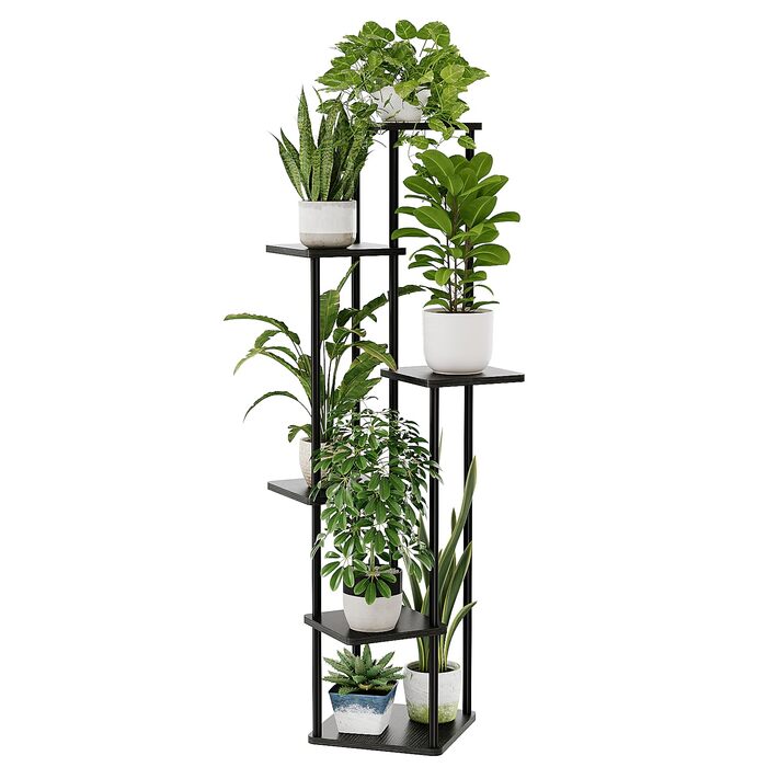 Висока підставка для квітів Bamworld Black Металева підставка для рослин з 6 ярусами Компактна полиця для рослин для вітальні, балкона та кута Квітковий табурет та декоративна полиця для використання в приміщенні, 6 ярусів Чорний дуб