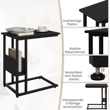 Приставний столик Журнальний столик Диванний столик Тумбочка Приліжковий столик Столик для ноутбука, металевий каркас, стільниця з ДСП, 55x36x59,5 см (ШxГxВ), чорний TS79sz