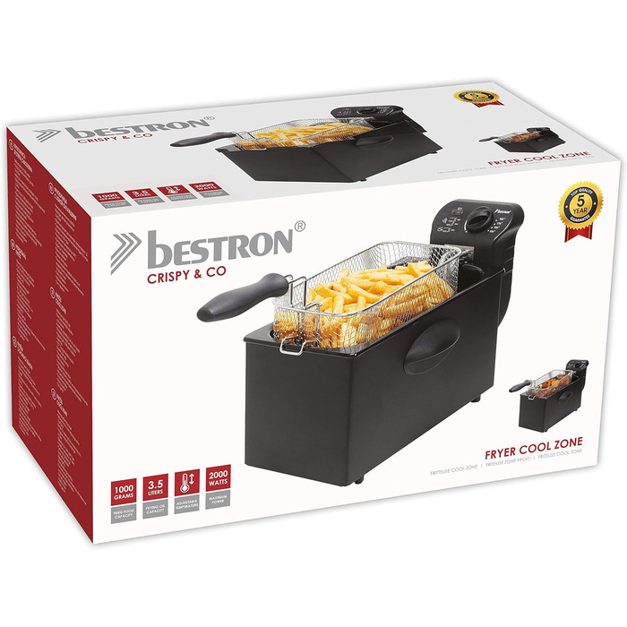 Масляна фритюрниця Bestron з технологією холодної зони, фритюрниця об'ємом 3,5 літра, плавно регульований регулятор температури до 190C, частково можна мити в посудомийній машині, 2000 Вт, колір Black Black Single