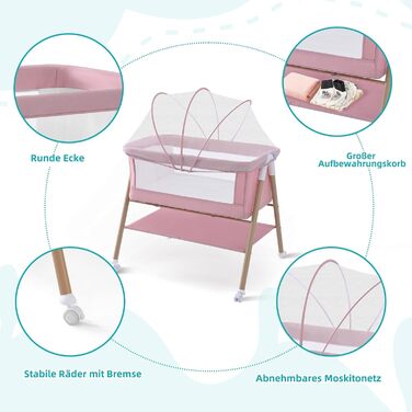 Дитяче ліжечко, переносне ліжечко з матрацом для дитячих ліжок на колесах, дорожнє ліжечко з москітною сіткою та місцем для зберігання для немовлят та новонароджених, легка та дихаюча сітчаста конструкція, рожевий колір