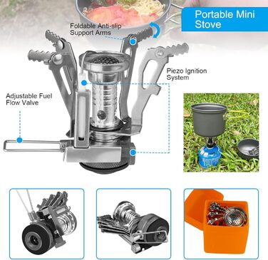 Набір посуду для кемпінгу AUTOPkio для 1-2 осіб, складний кемпінговий горщик для вулиці з газовою плитою, набір посуду для пікніка, легкий алюмінієвий набір для барбекю, походів, приготування їжі, рідкий газ, 10 предметів