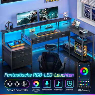 Г-подібний стіл Rolanstar з шухлядами, двосторонній ігровий стіл з розеткою, світлодіодним освітленням та підставкою для монітора, комп&39ютерний стіл 163 см для офісу, кабінету, спальні, чорний