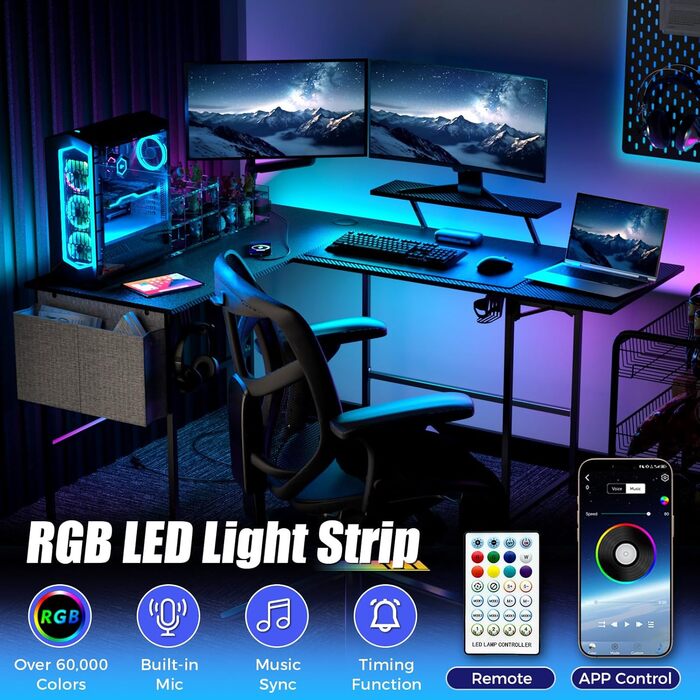 Ігровий стіл із розумним світлодіодним освітленням, L-подібний стіл із подовжувачем для домашнього офісу, кутовий стіл 120-150 см з розеткою, сумка для зберігання, підставка для монітора, чорний
