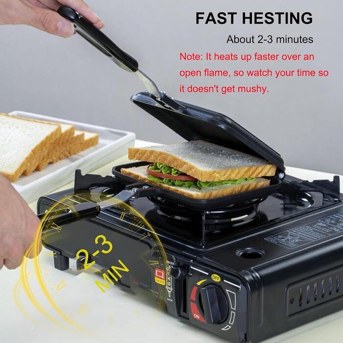 Двостороння сковорода, антипригарна залізниця для сендвічів з візерунком Mini портативна з термостійкою ручкою, сковорода для млинців з алюмінієвого сплаву Panini Maker для сніданку, кемпінг чорний