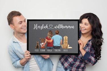 Персоналізований сімейний килимок для дверей з фігурками та іменами (1, 2, 3, 4 дітей, собака, кіт), нековзний та миється, чорний, 60x40 см